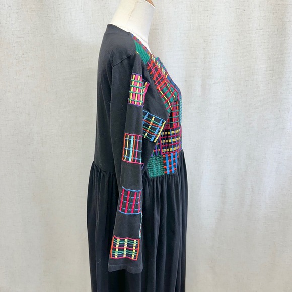 Michael Simon Lite Black Artsy Patchwork Embroidered Lagenlook Maxi Dress Large - Picture 12 of 14